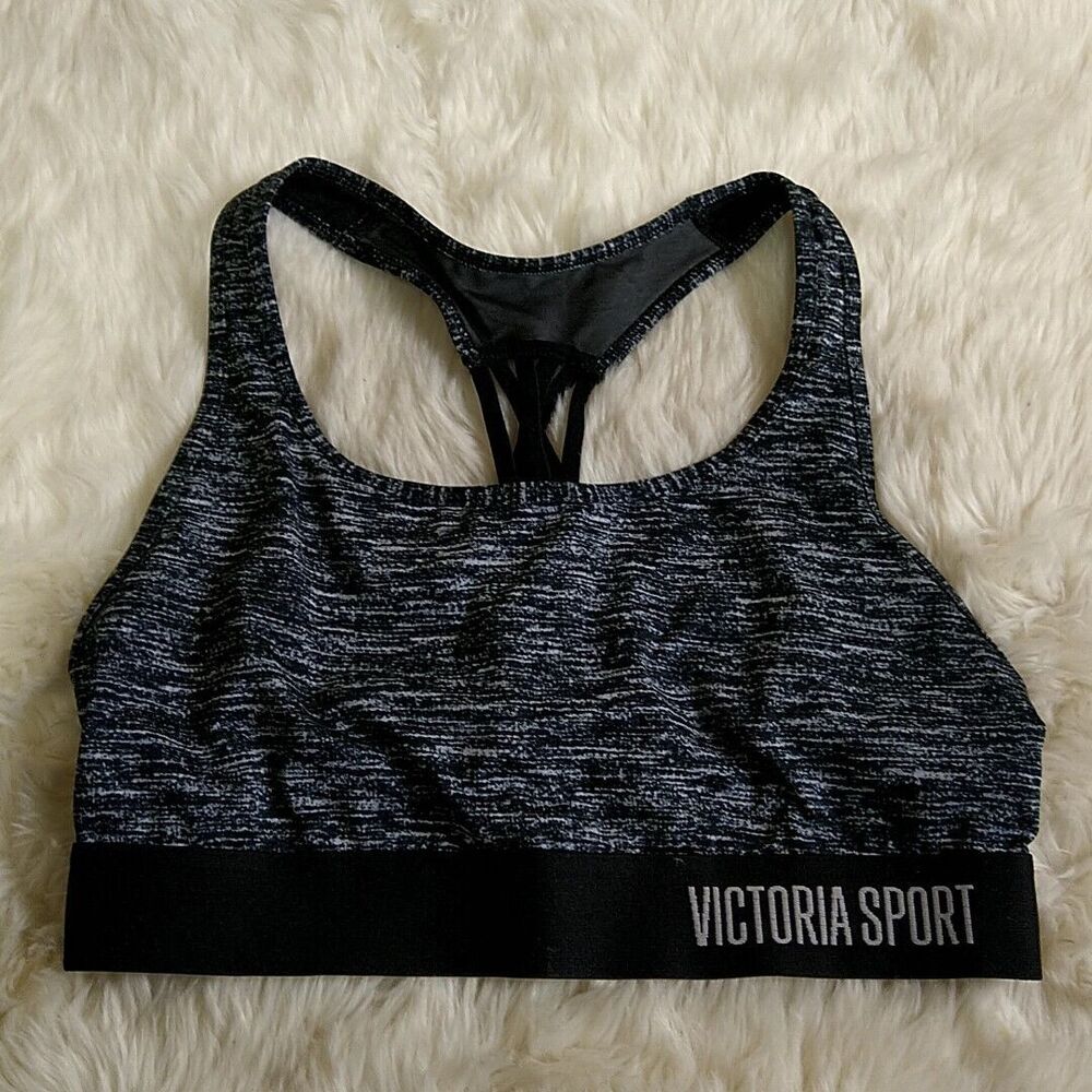 Victorias Secret Womens M Sports Bra Heathered Black Racerback‎ Wireless Strappy